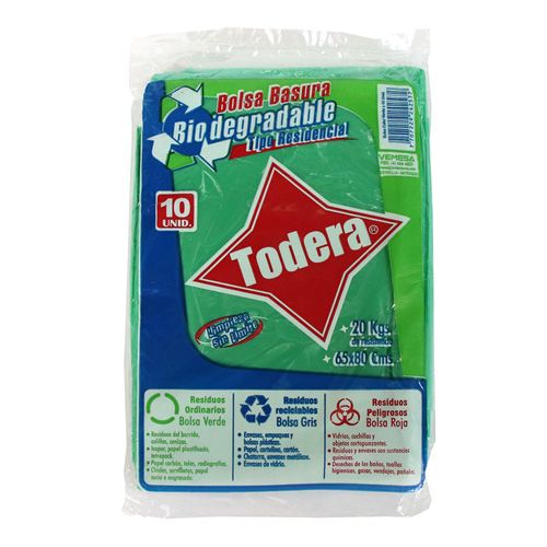 BOLSA BASURA BIO VERDE  x 10U TODERA