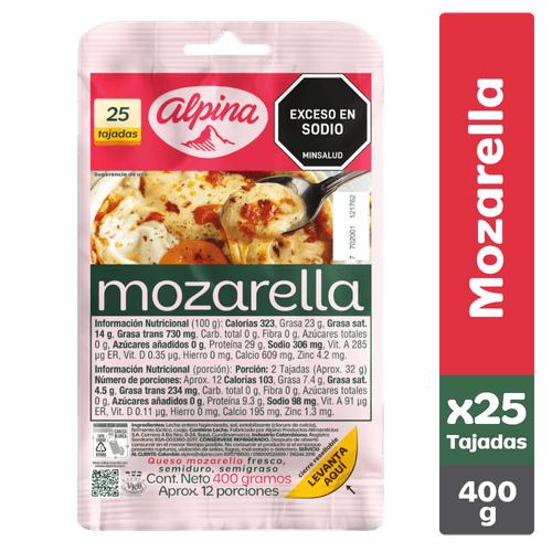 QUESO MOZARELA 25 TAJADAS*400 GR ALPINA