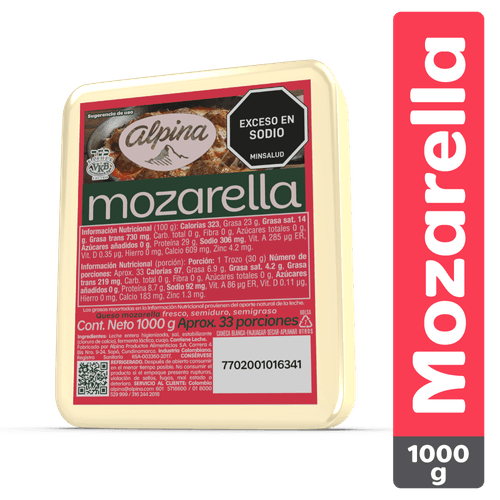 QUESO MOZZARELLA BLOQUE ALPINA  x 1000GR